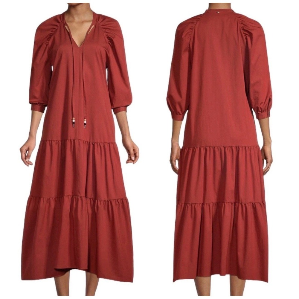 Hugo Boss Rust Red Tiered Midi Dress Cotton Blend Boho Puff Sleeve Size 8
